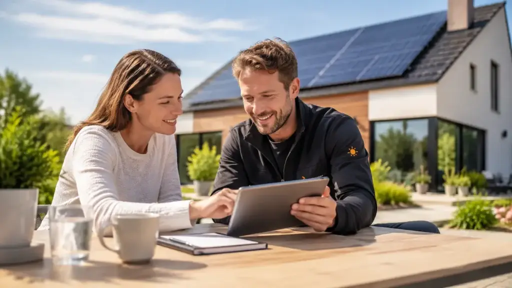 Huiseigenaar meldt zich samen met een zonnepanelenexpert aan via een tablet bij een woning met zonnepanelen.