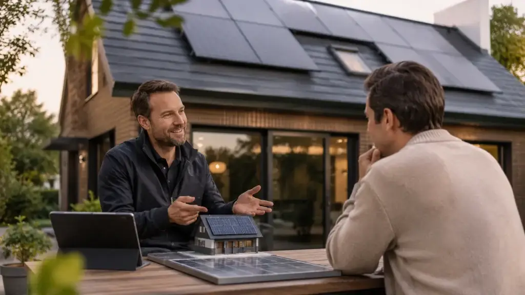 Zonnepanelenadviseur bespreekt installatie, kosten en opbrengst met een huiseigenaar bij een woning met zonnepanelen.