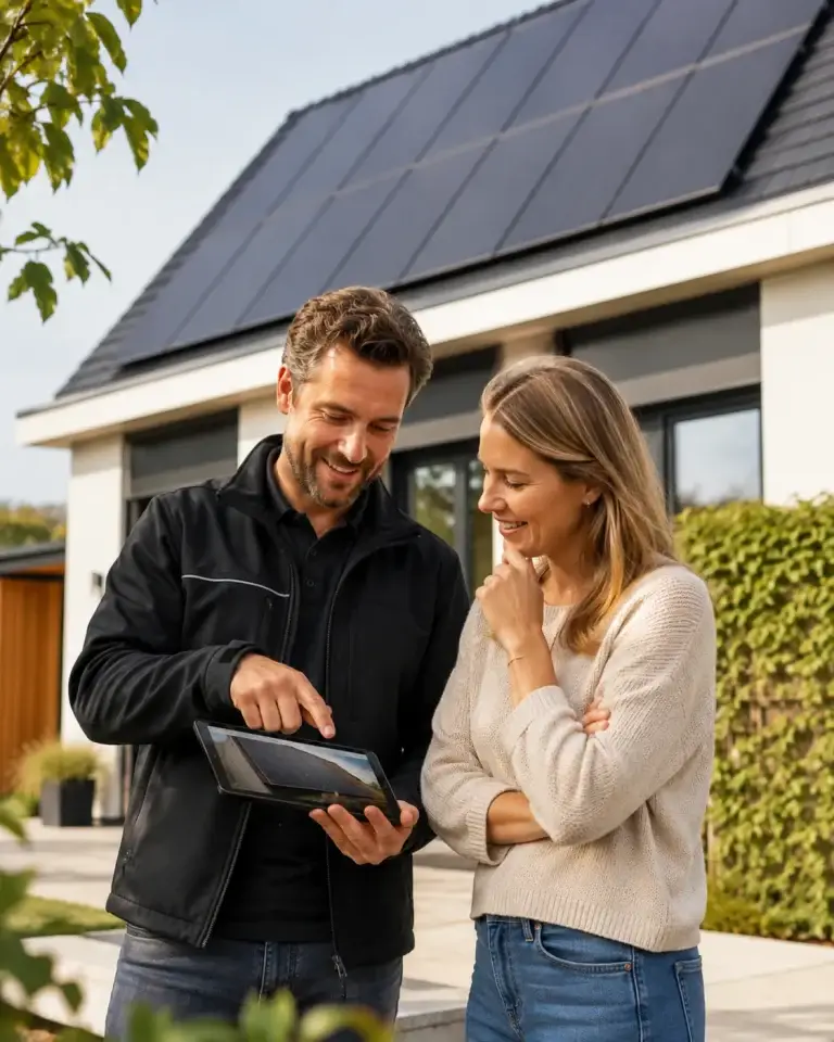 Zonnepanelenadviseur geeft een huiseigenaar praktische uitleg bij een moderne woning met zonnepanelen.