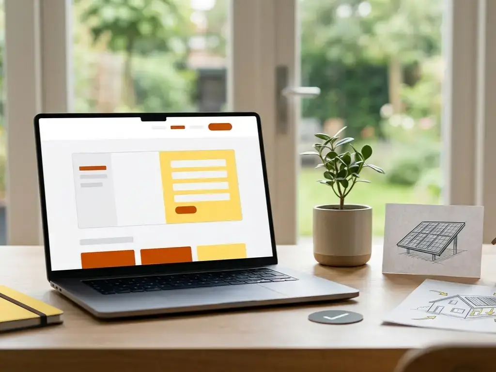 Laptop op een houten bureau met een aanmeldinterface, duurzame werkdetails en zicht op een groene tuin.