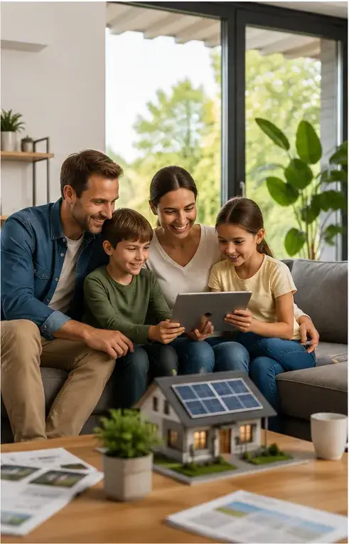 Gezin bekijkt informatie over duurzaam wonen en zonnepanelen op een tablet in de woonkamer