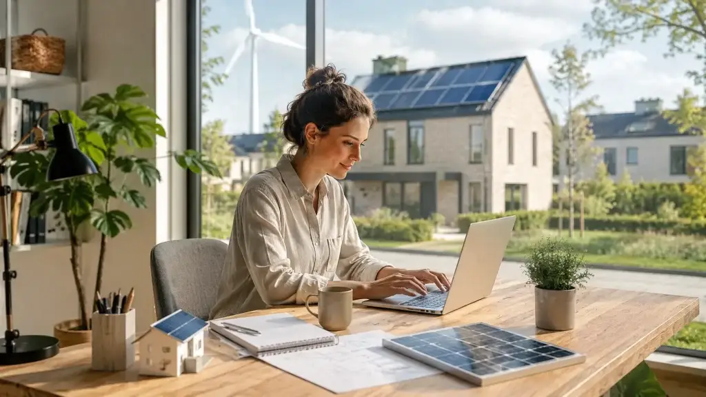 Professional werkt op een laptop aan informatie over zonnepanelen in een lichte werkruimte met duurzame woning op de achtergrond.