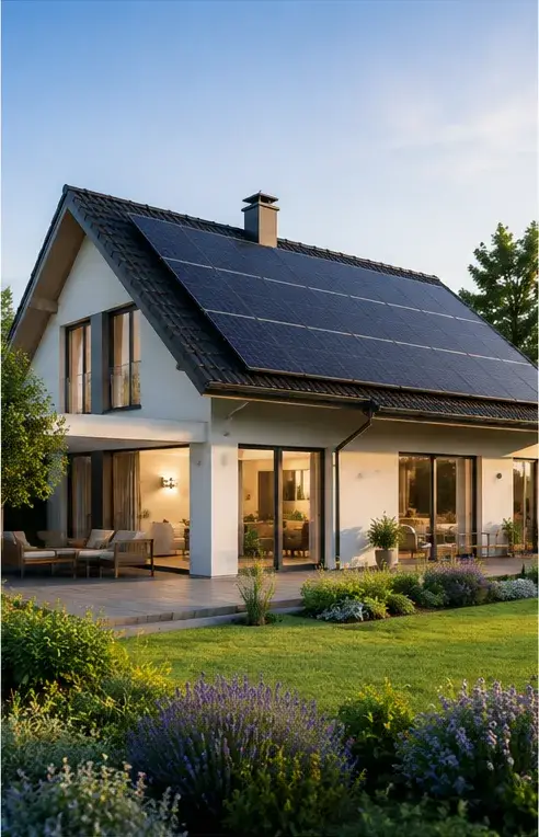 Moderne Nederlandse woning met zonnepanelen op het dak en een groene, duurzame tuin
