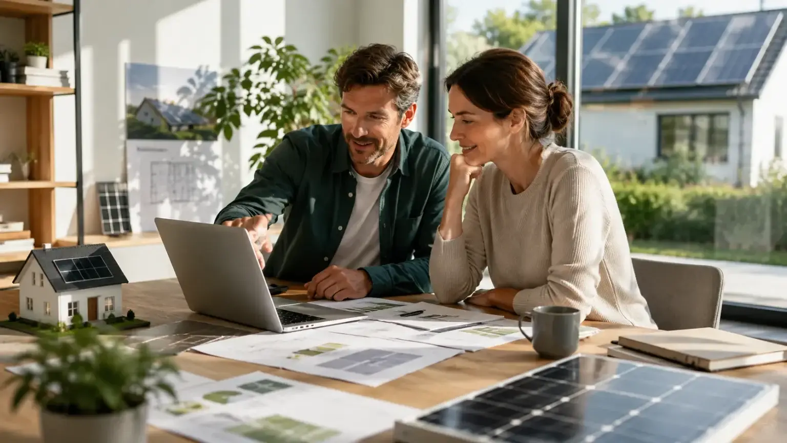 Adviseur en huiseigenaar vergelijken informatie over zonnepanelen met een laptop, woningmodel en zonnepaneel.