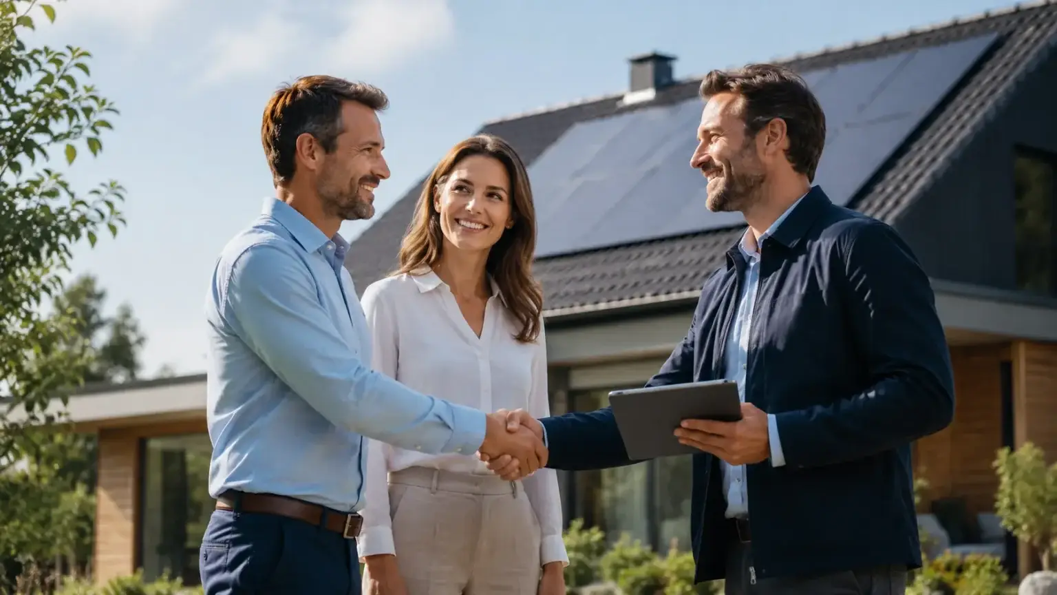 Professionals bevestigen een samenwerking bij een moderne woning met zonnepanelen.