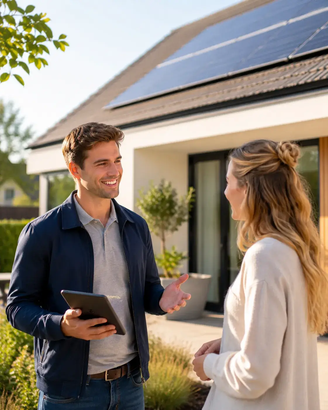 Zonnepanelenadviseur bespreekt persoonlijk advies met een huiseigenaar bij een moderne woning met zonnepanelen.