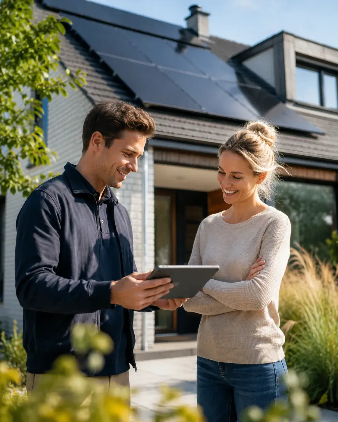 Zonnepanelenadviseur helpt een huiseigenaar bij de registratie via een tablet voor een woning met zonnepanelen.