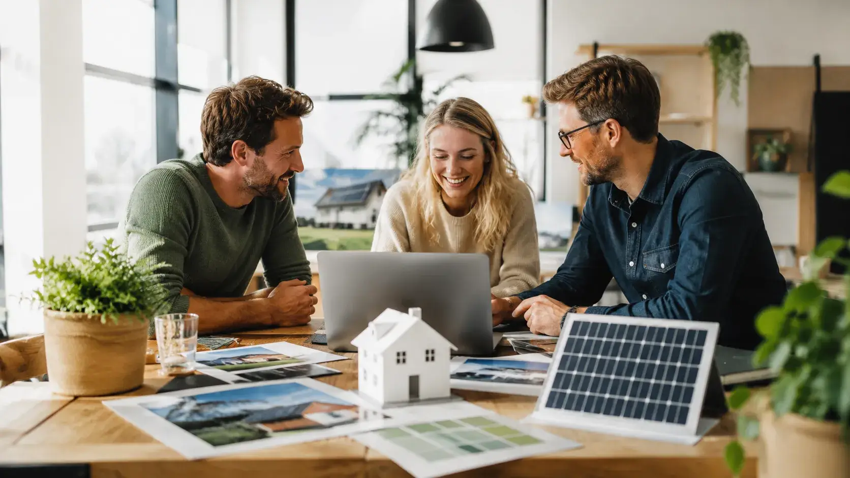 Team bespreekt duurzame ideeën en zonne-energie rond een tafel met een laptop, woningmodel en zonnepaneel.