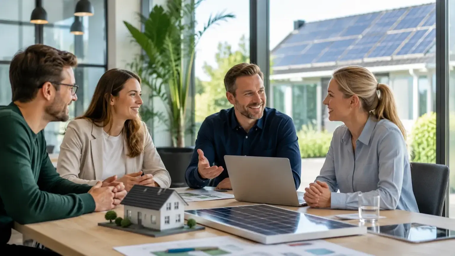 Team van duurzame energiepartners bespreekt zonnepanelen rond een tafel met een laptop en woningmodel.