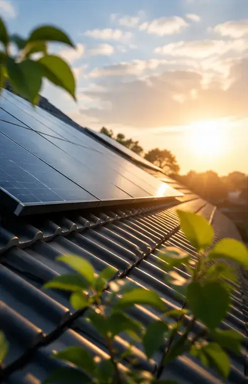 Close-up van zonnepanelen op een pannendak tijdens zonsondergang met groene bladeren op de voorgrond